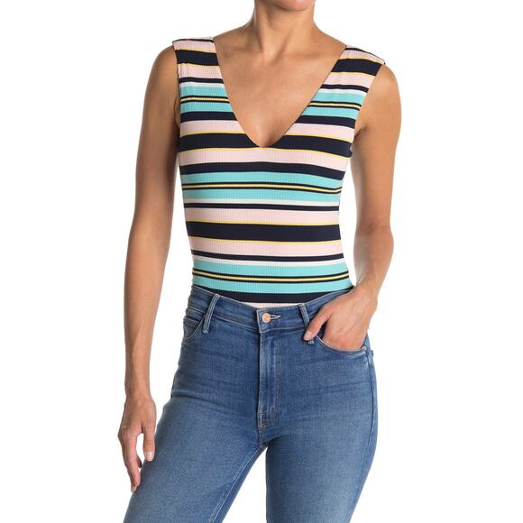 AFRM Striped Ribbed Double V-Neck Sleeveless Bodysuit Pastel Pink size XS NWOT - Picture 1 of 10